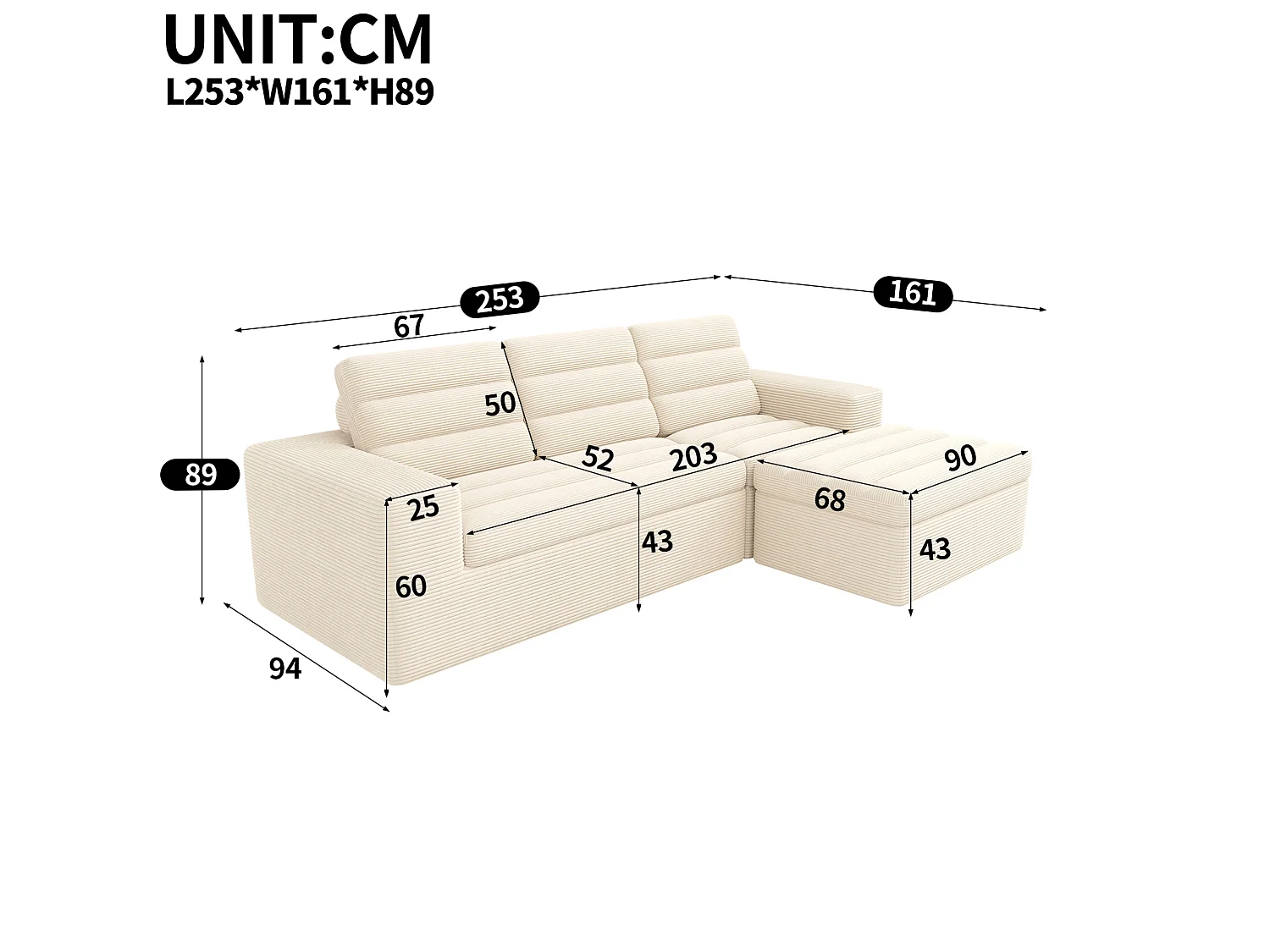 Sofá de canto modular de 3 lugares com pufe, sem necessidade de montagem - Veludo cotelê bege