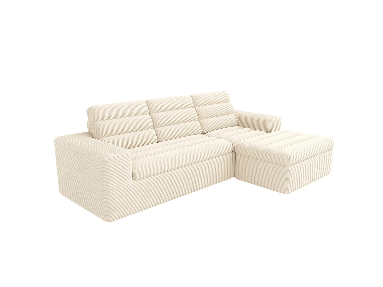Sofá de canto modular de 3 lugares com pufe, sem necessidade de montagem - Veludo cotelê bege