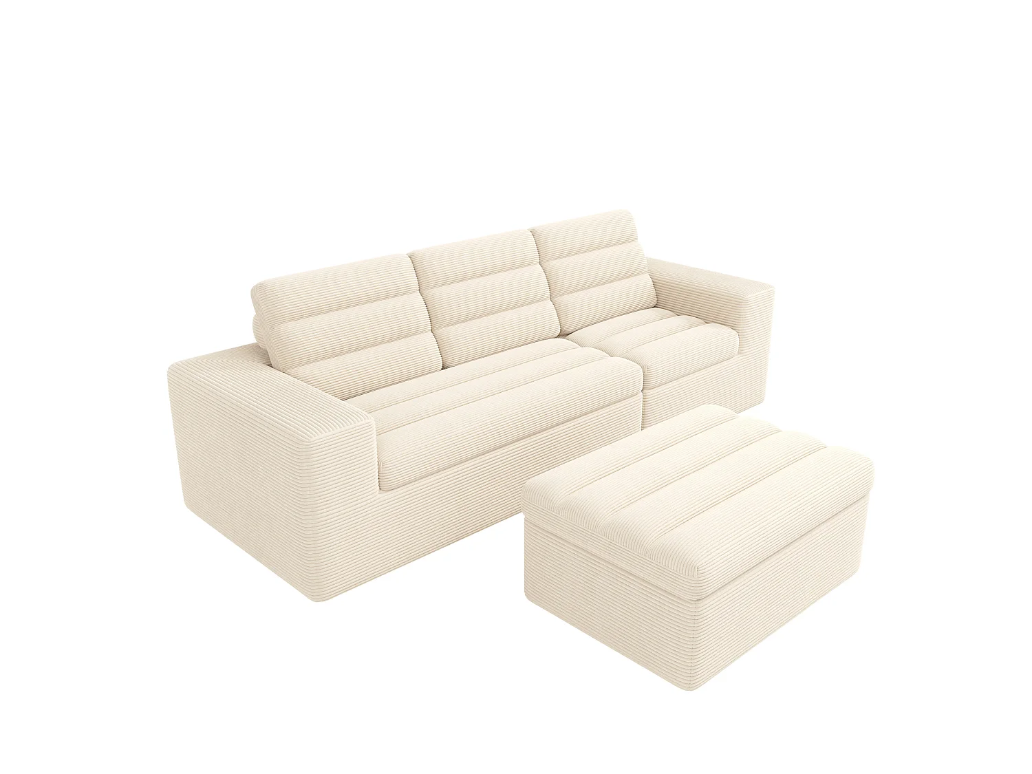 Sofá de canto modular de 3 lugares com pufe, sem necessidade de montagem - Veludo cotelê bege