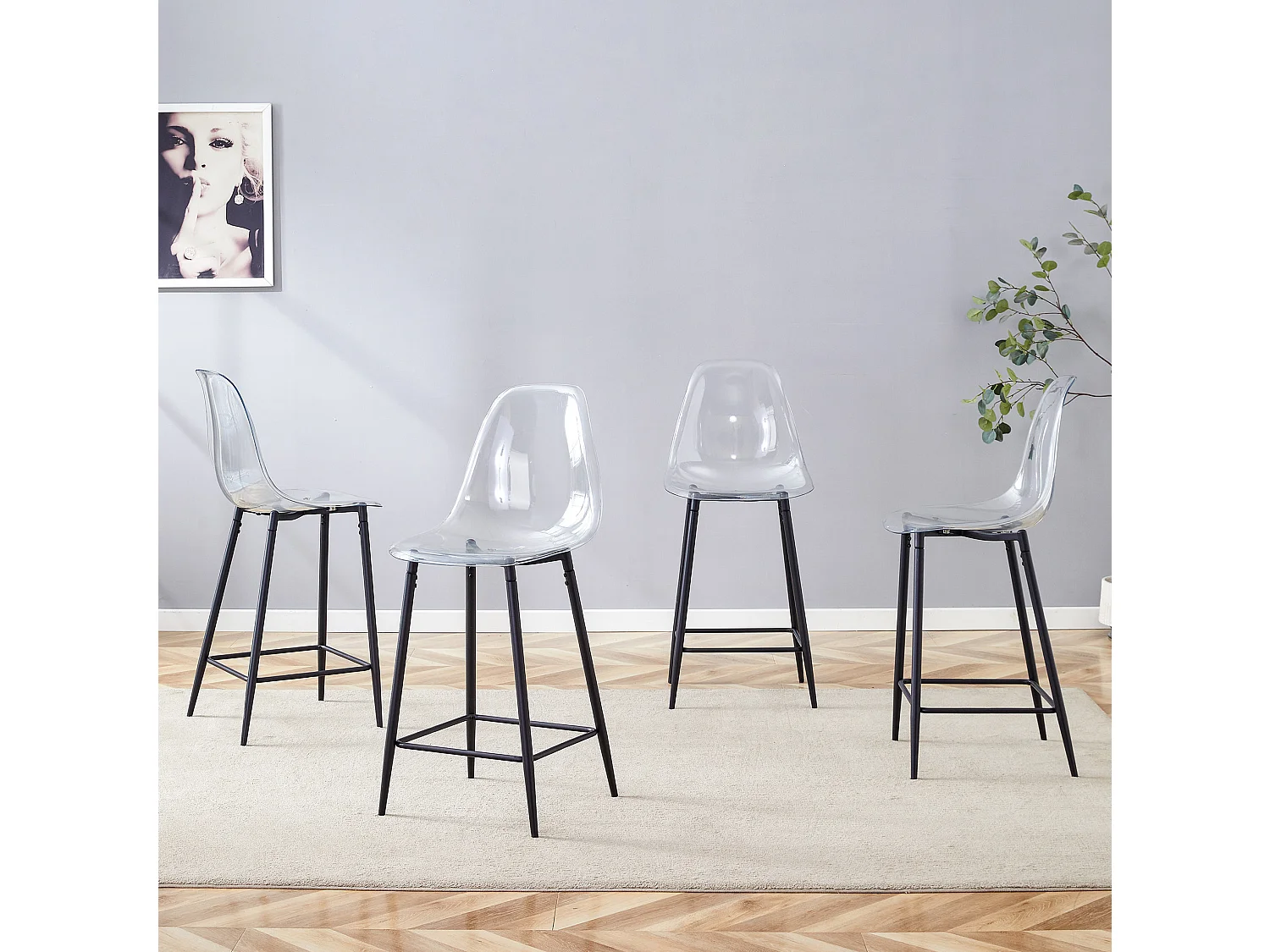 Lot de 4 tabourets de bar transparents avec structure métallique noire