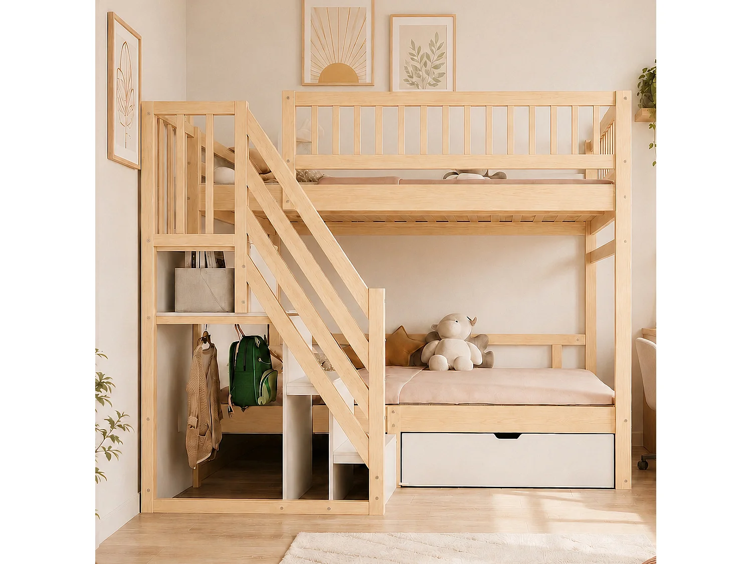 Lit superposé enfant 140x200 cm avec rangement et tiroir - Bois et blanc