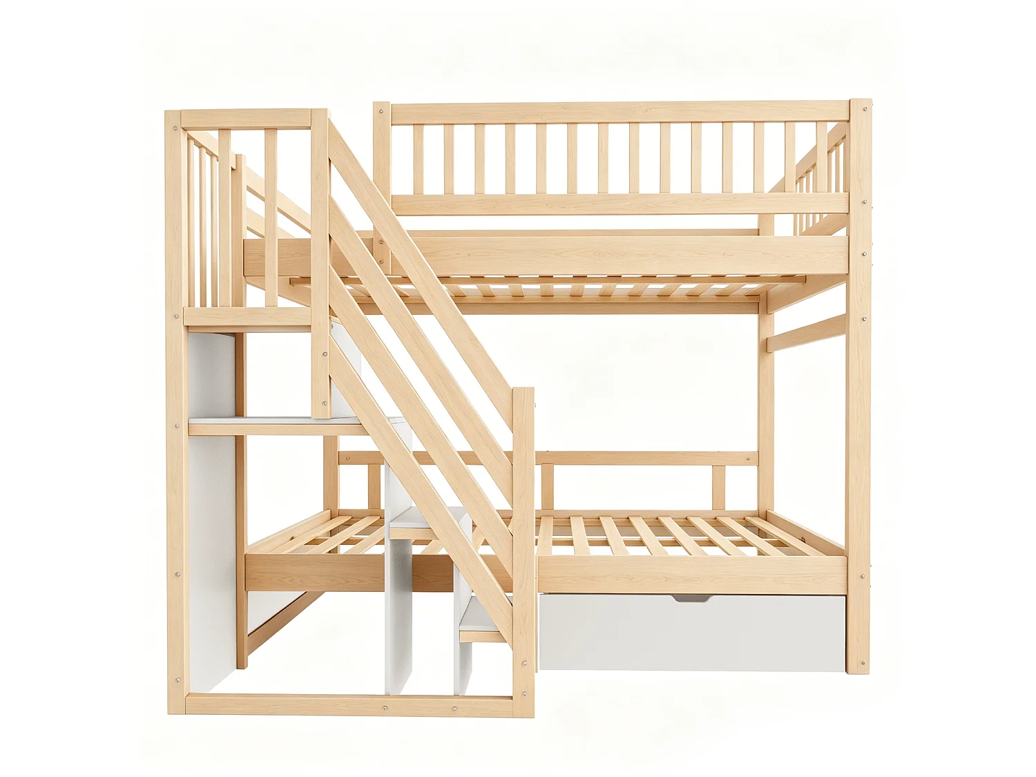 Lit superposé enfant 140x200 cm avec rangement et tiroir - Bois et blanc