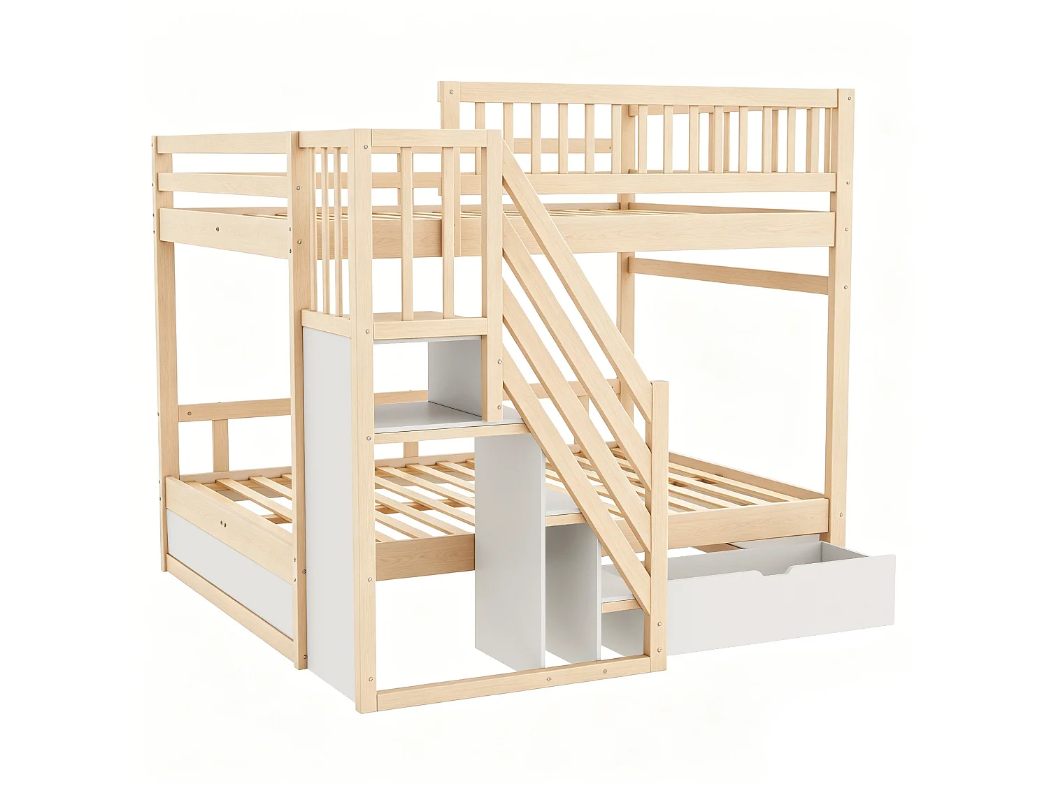 Lit superposé enfant 140x200 cm avec rangement et tiroir - Bois et blanc