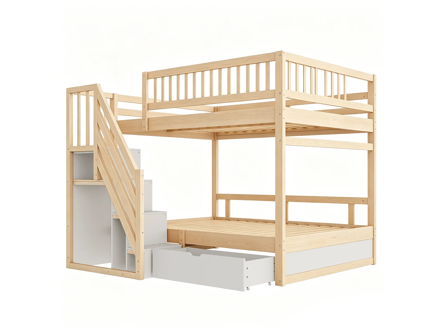 Lit superposé enfant 140x200 cm avec rangement et tiroir - Bois et blanc