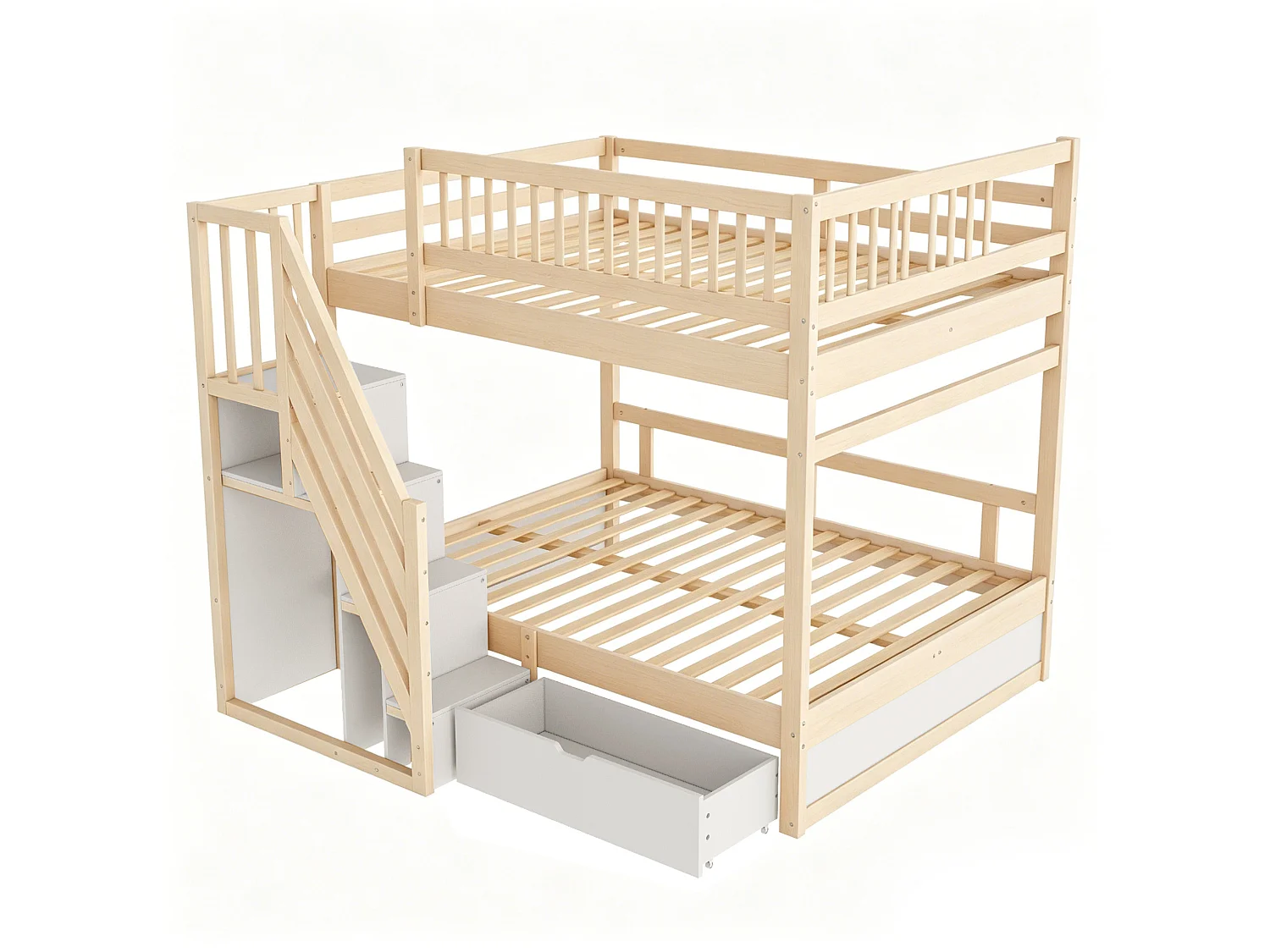 Lit superposé enfant 140x200 cm avec rangement et tiroir - Bois et blanc