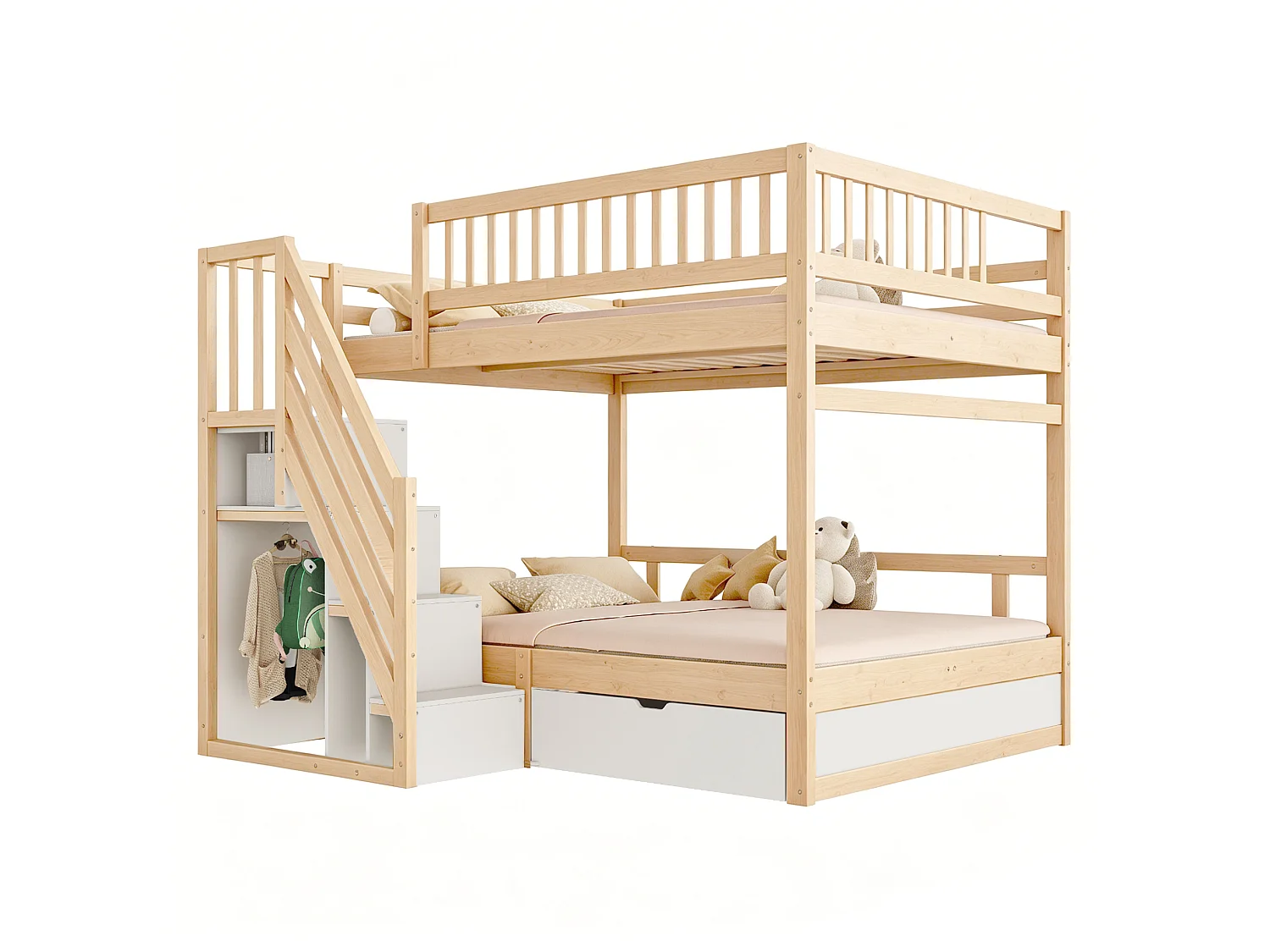 Lit superposé enfant 140x200 cm avec rangement et tiroir - Bois et blanc