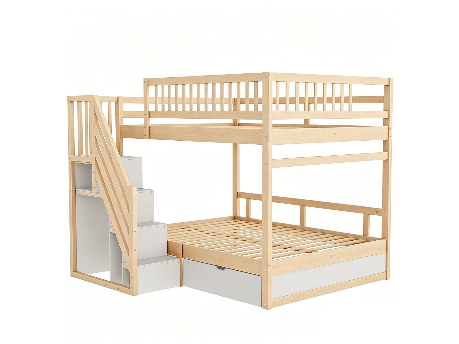 Lit superposé enfant 140x200 cm avec rangement et tiroir - Bois et blanc