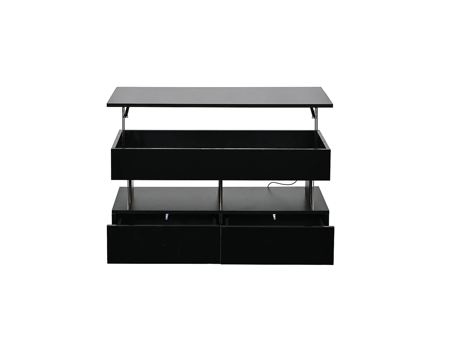 Mesa de centro com tampo elevável, acabamento brilhante, iluminação LED e 2 gavetas - Preto