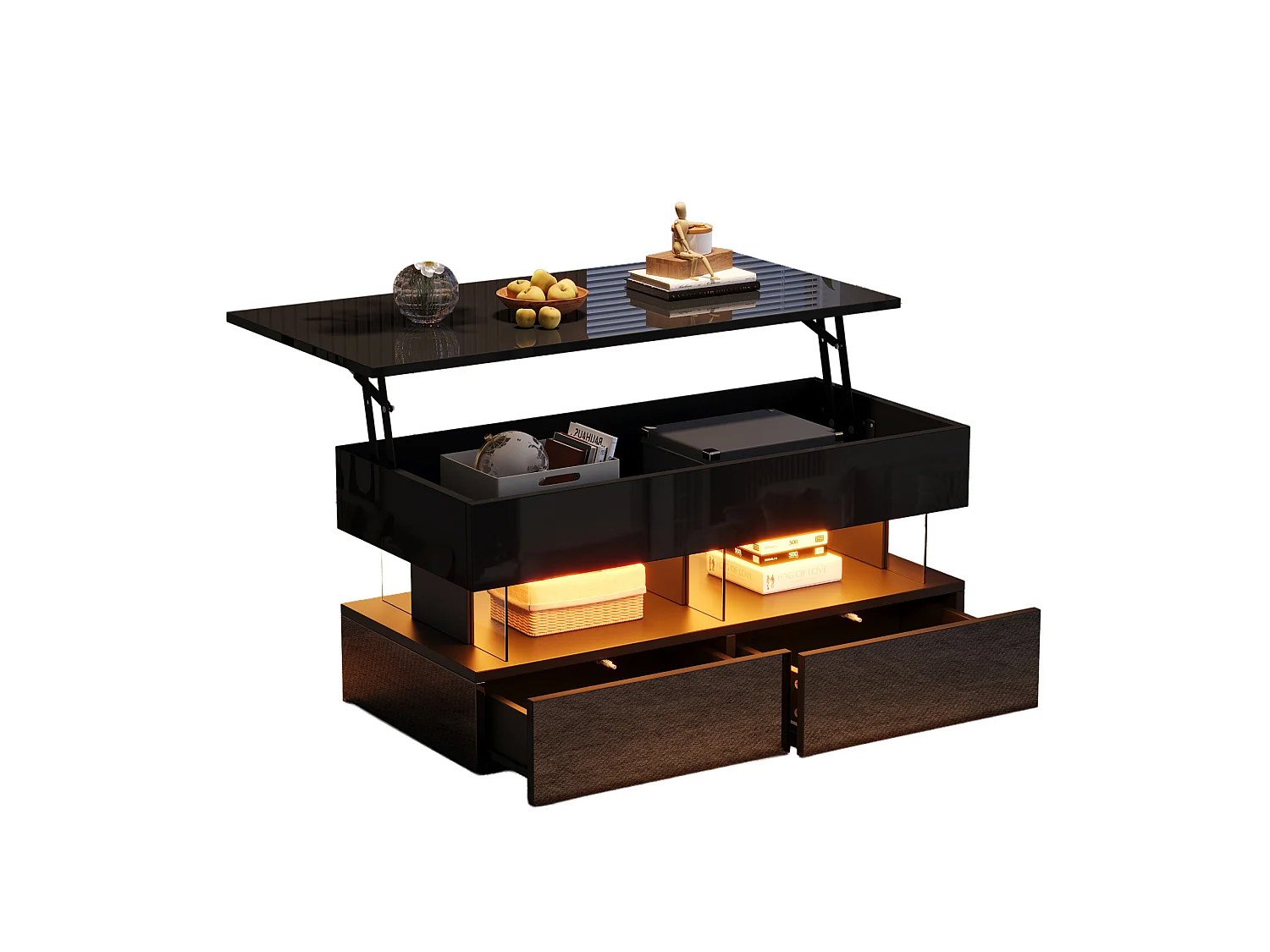 Mesa de centro com tampo elevável, acabamento brilhante, iluminação LED e 2 gavetas - Preto