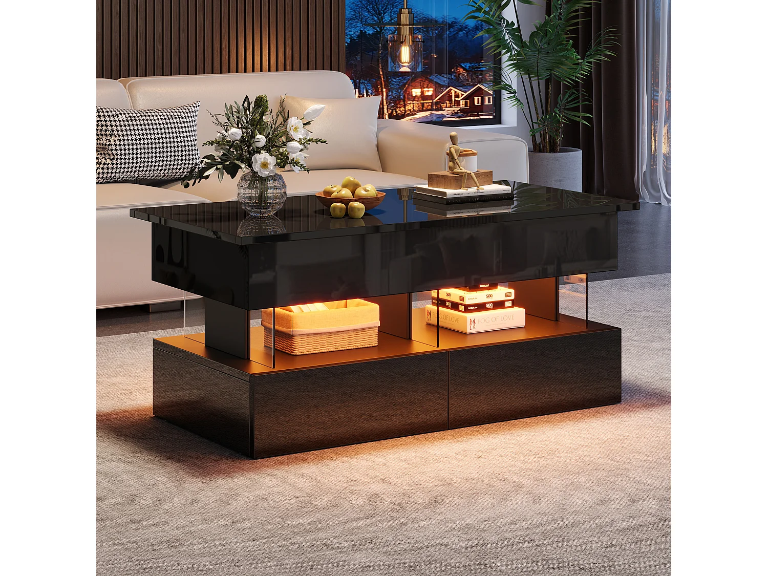 Mesa de centro com tampo elevável, acabamento brilhante, iluminação LED e 2 gavetas - Preto