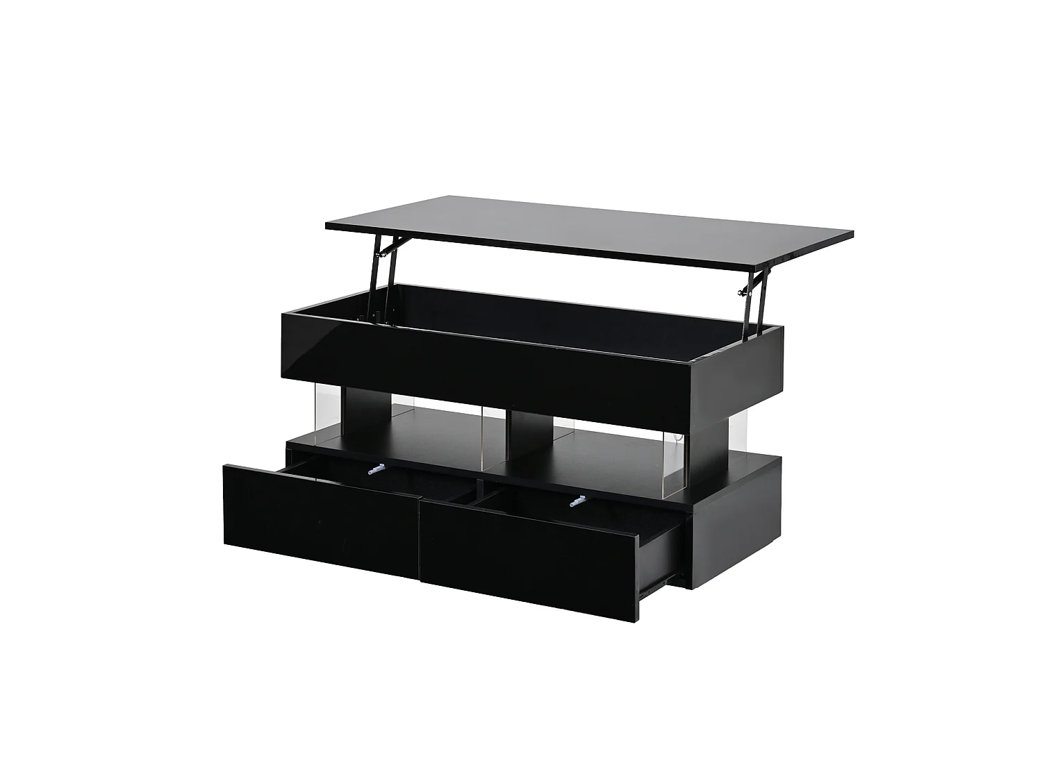 Mesa de centro com tampo elevável, acabamento brilhante, iluminação LED e 2 gavetas - Preto