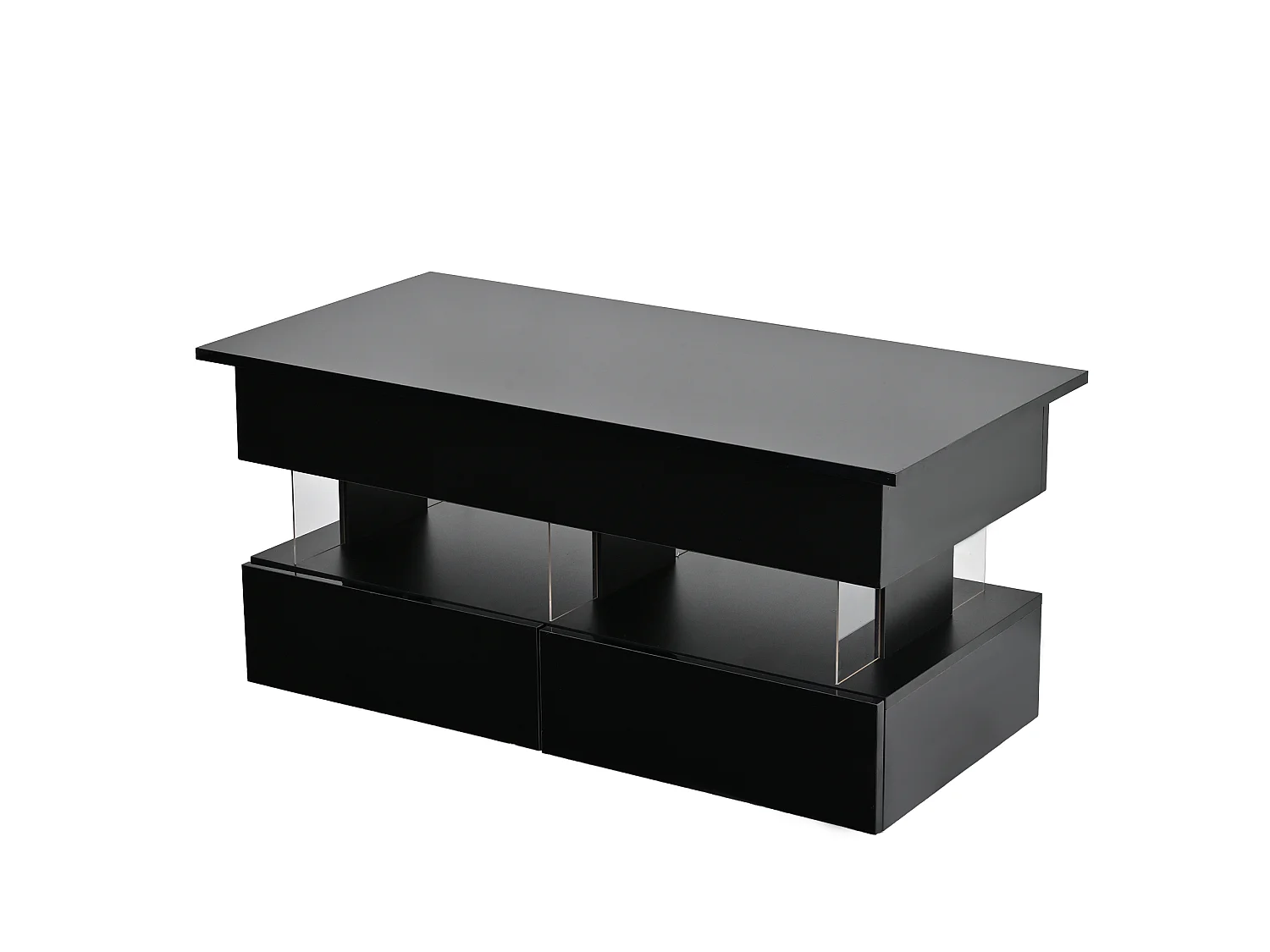 Mesa de centro com tampo elevável, acabamento brilhante, iluminação LED e 2 gavetas - Preto