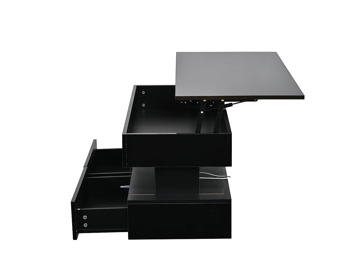 Mesa de centro com tampo elevável, acabamento brilhante, iluminação LED e 2 gavetas - Preto