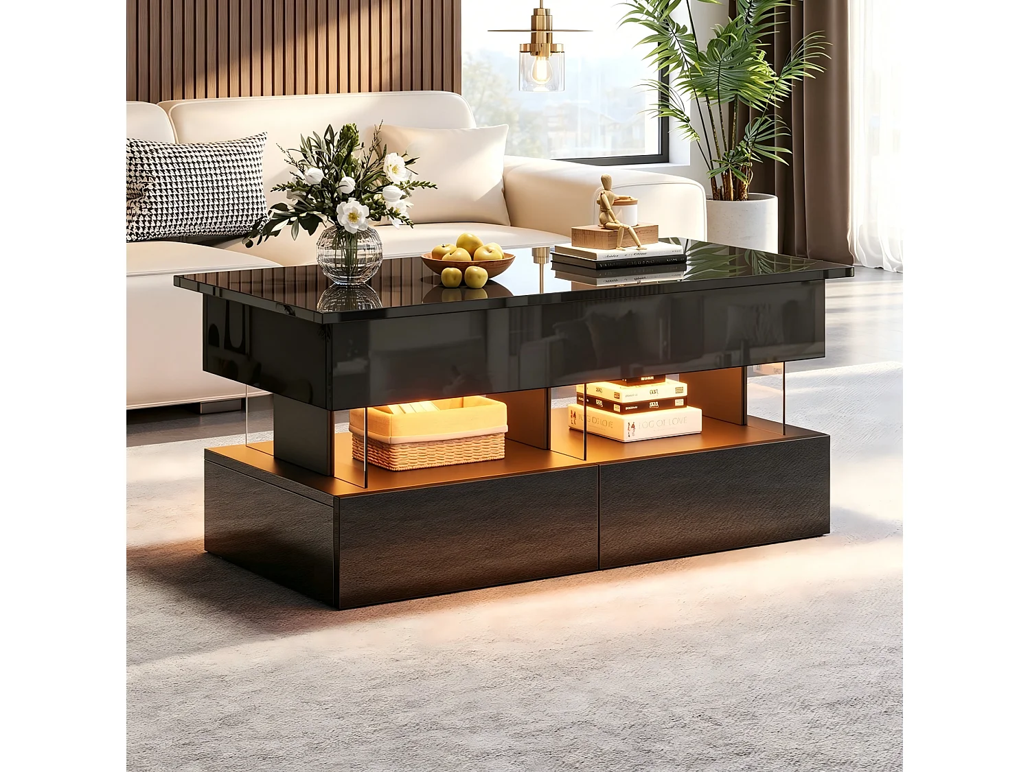 Mesa de centro com tampo elevável, acabamento brilhante, iluminação LED e 2 gavetas - Preto