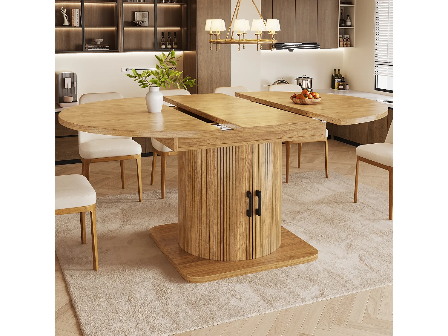 Table à manger extensible 118/158 x 118 cm avec 2 portes - Pour 6-8 places - Naturel clair