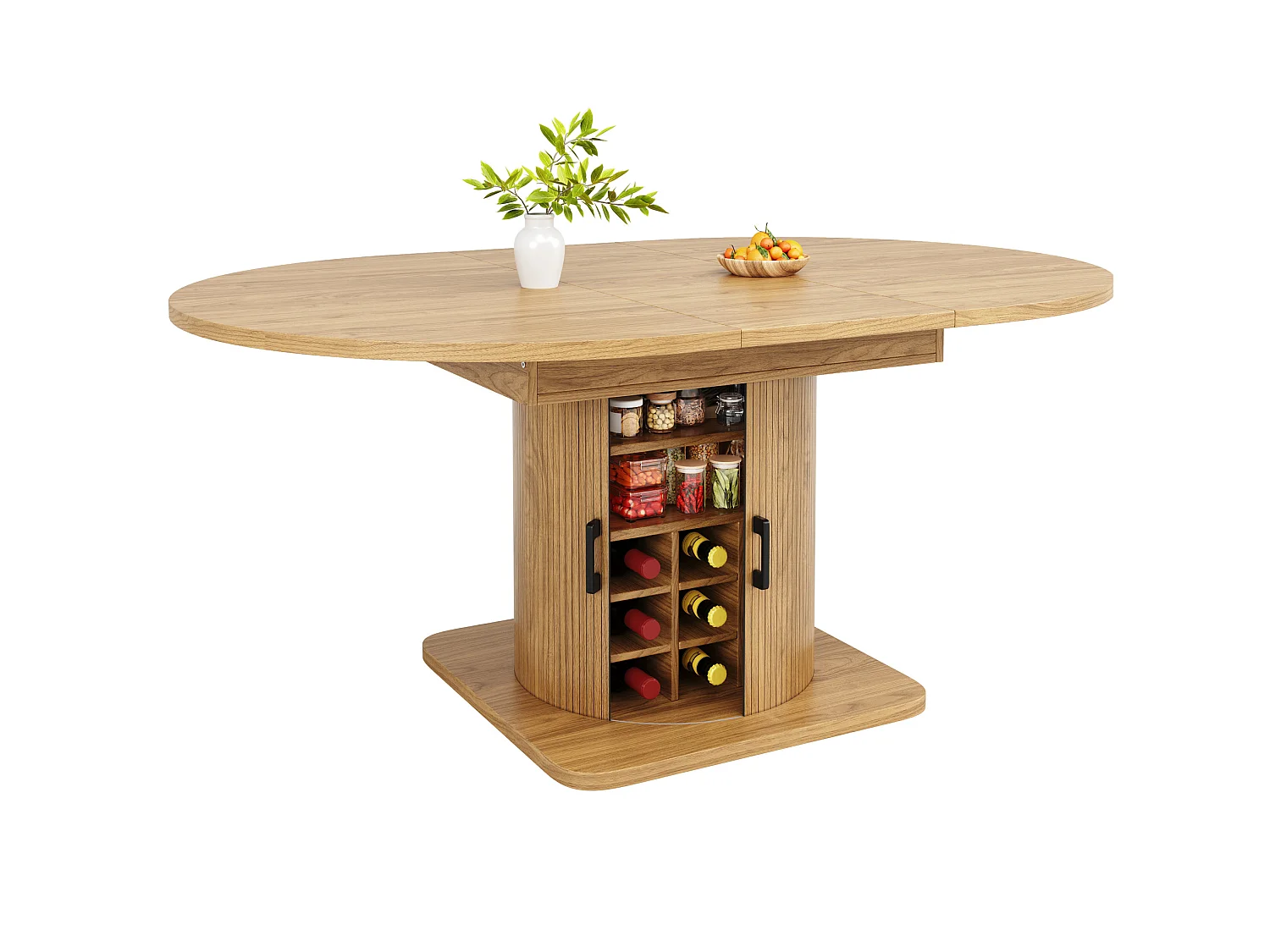 Table à manger extensible 118/158 x 118 cm avec 2 portes - Pour 6-8 places - Naturel clair