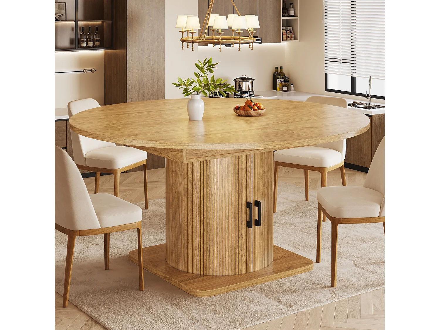 Table à manger extensible 118/158 x 118 cm avec 2 portes - Pour 6-8 places - Naturel clair