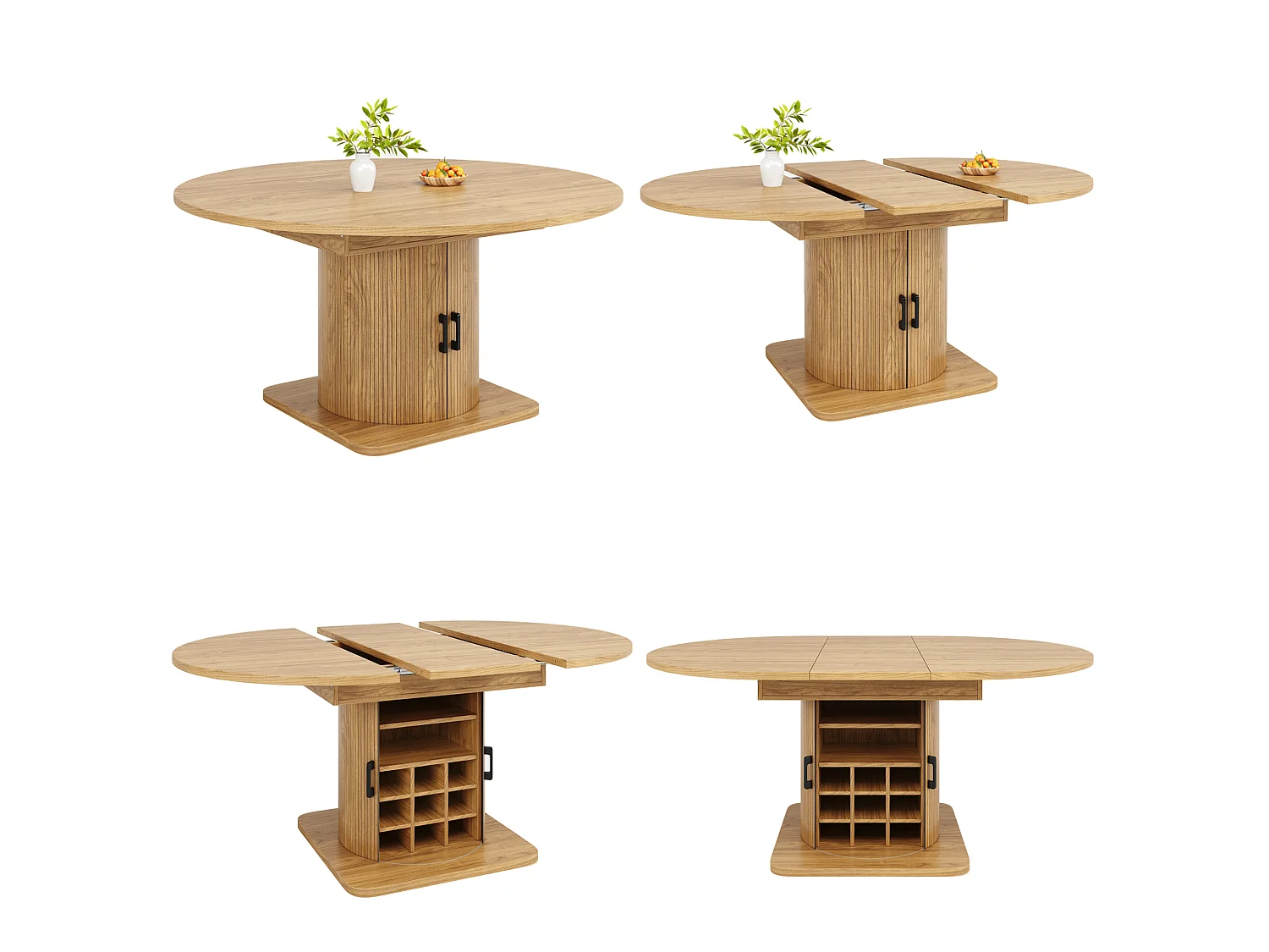 Table à manger extensible 118/158 x 118 cm avec 2 portes - Pour 6-8 places - Naturel clair