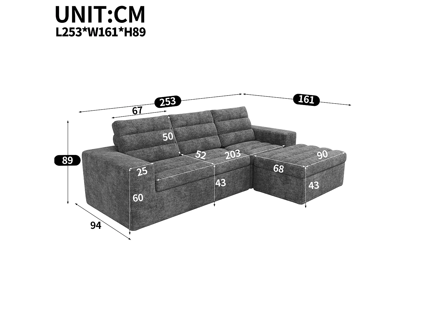 Sofá de canto modular de 3 lugares com pufe, sem necessidade de montagem - Tecido chenille cinza claro