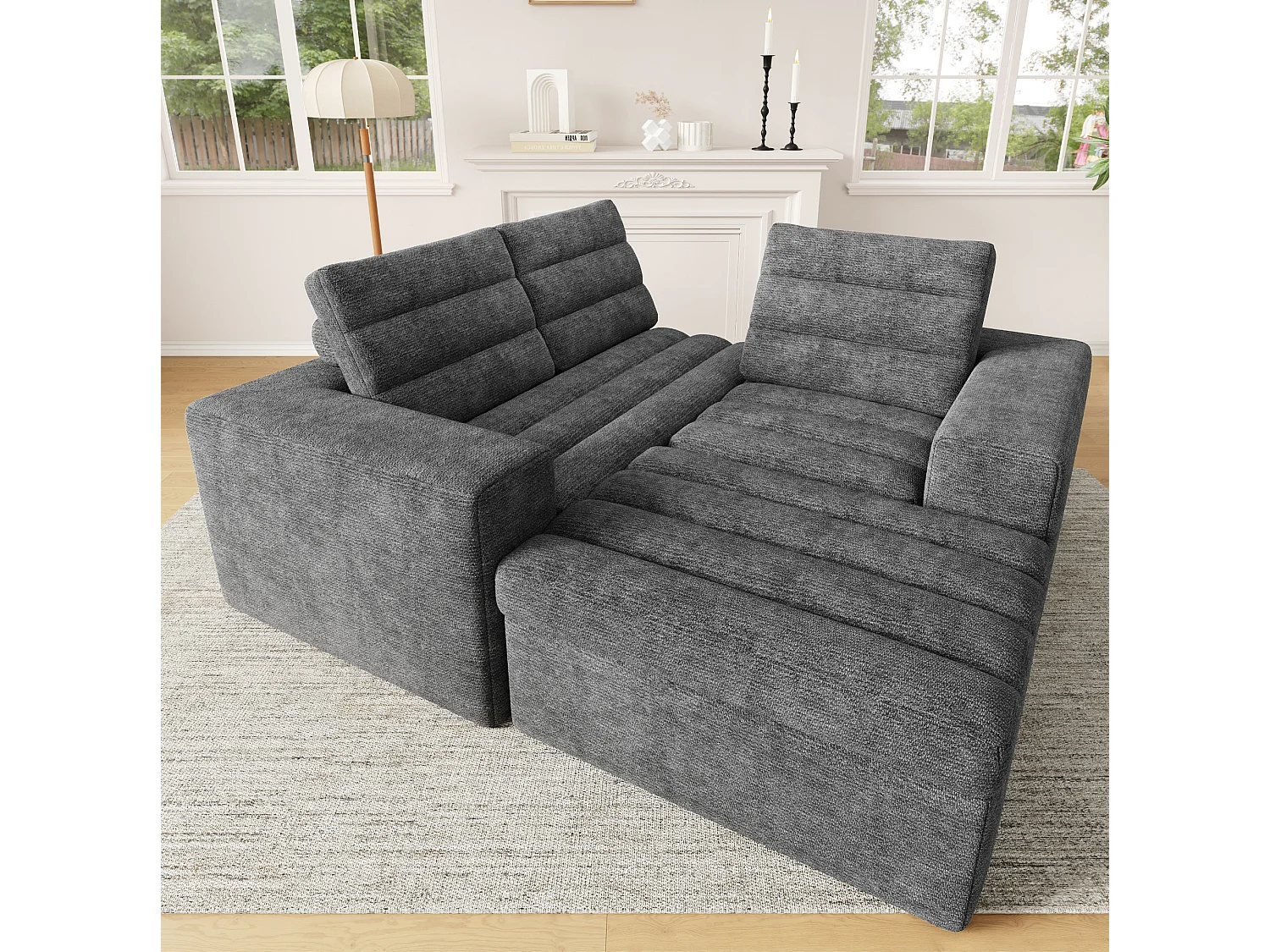 Sofá de canto modular de 3 lugares com pufe, sem necessidade de montagem - Tecido chenille cinza claro