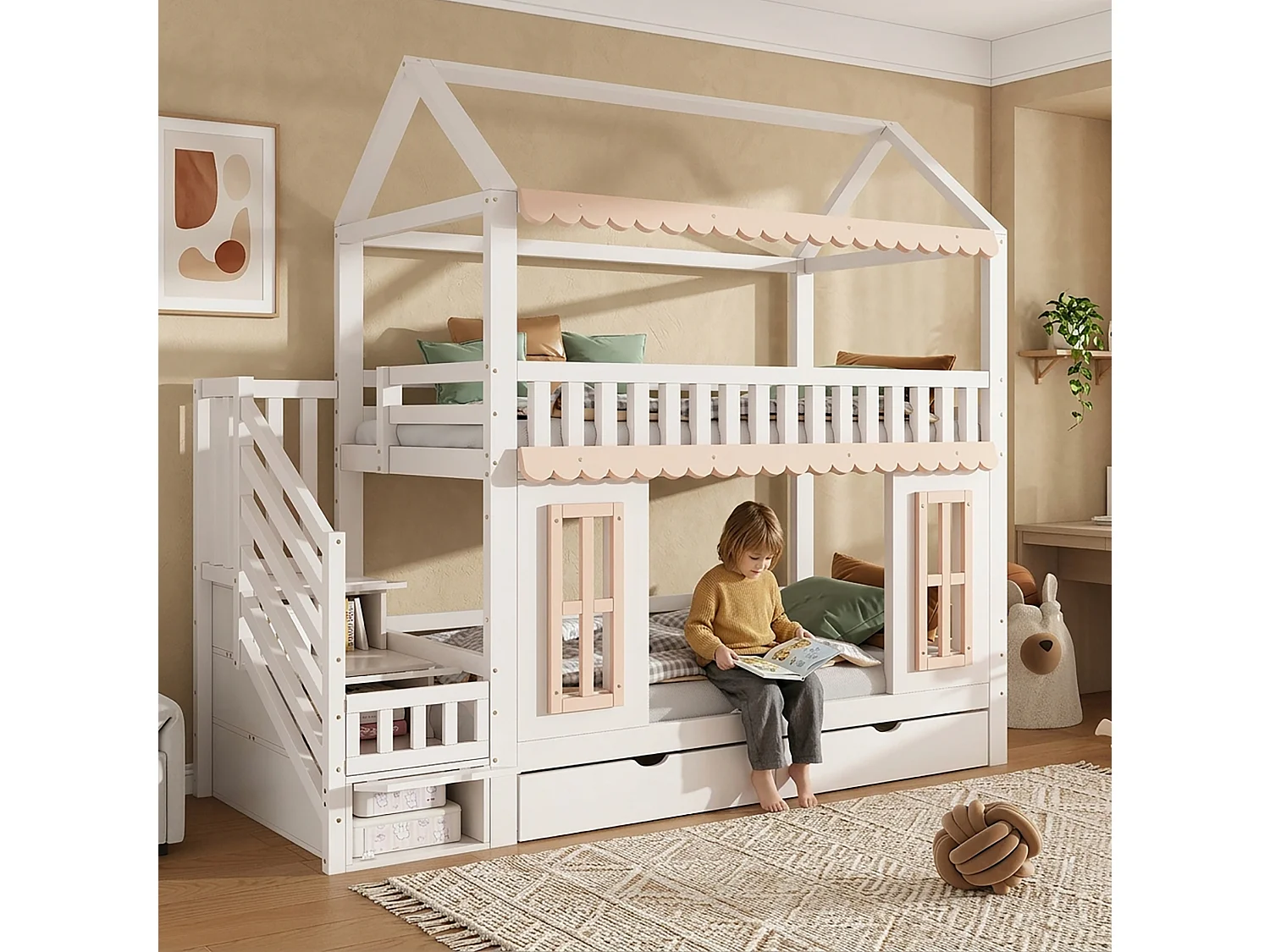 Lit superposé 90x200 cm avec 2 tiroirs et escalier de rangement - Lit cabane en bois blanc et naturel