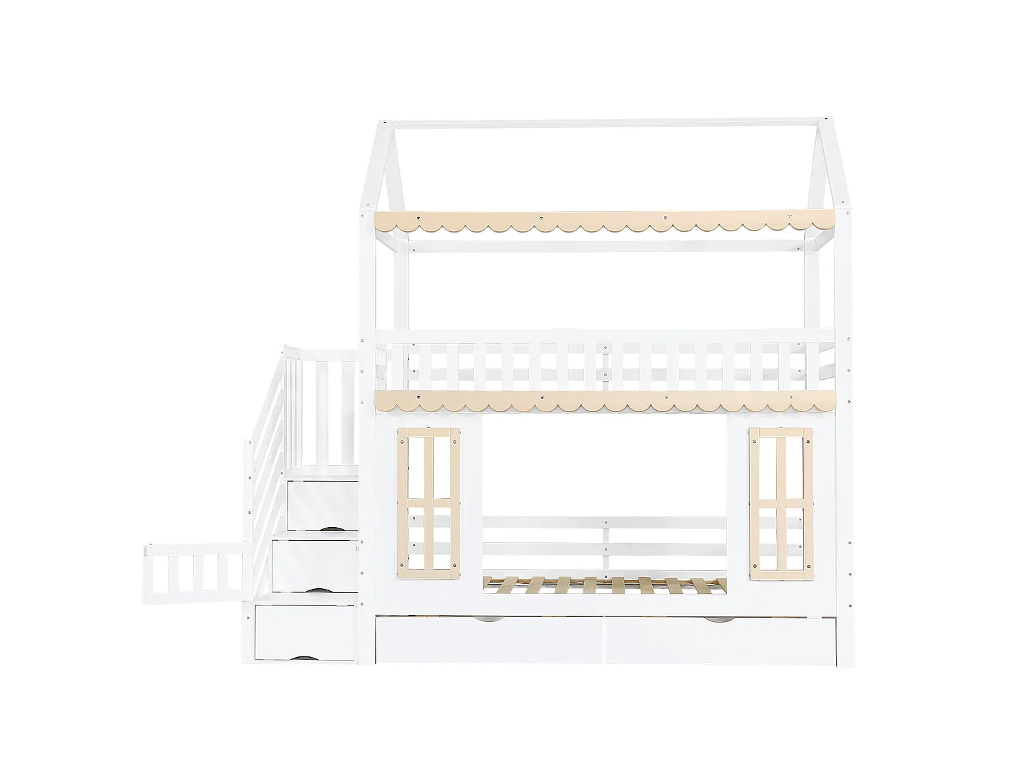 Lit superposé 90x200 cm avec 2 tiroirs et escalier de rangement - Lit cabane en bois blanc et naturel