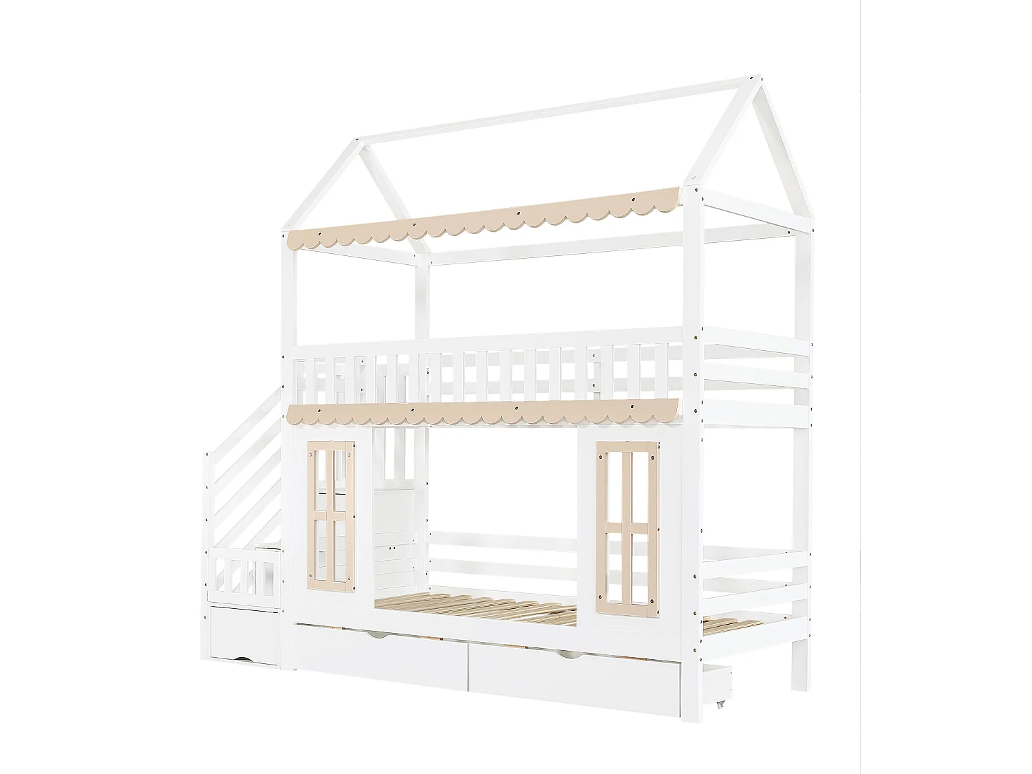 Lit superposé 90x200 cm avec 2 tiroirs et escalier de rangement - Lit cabane en bois blanc et naturel