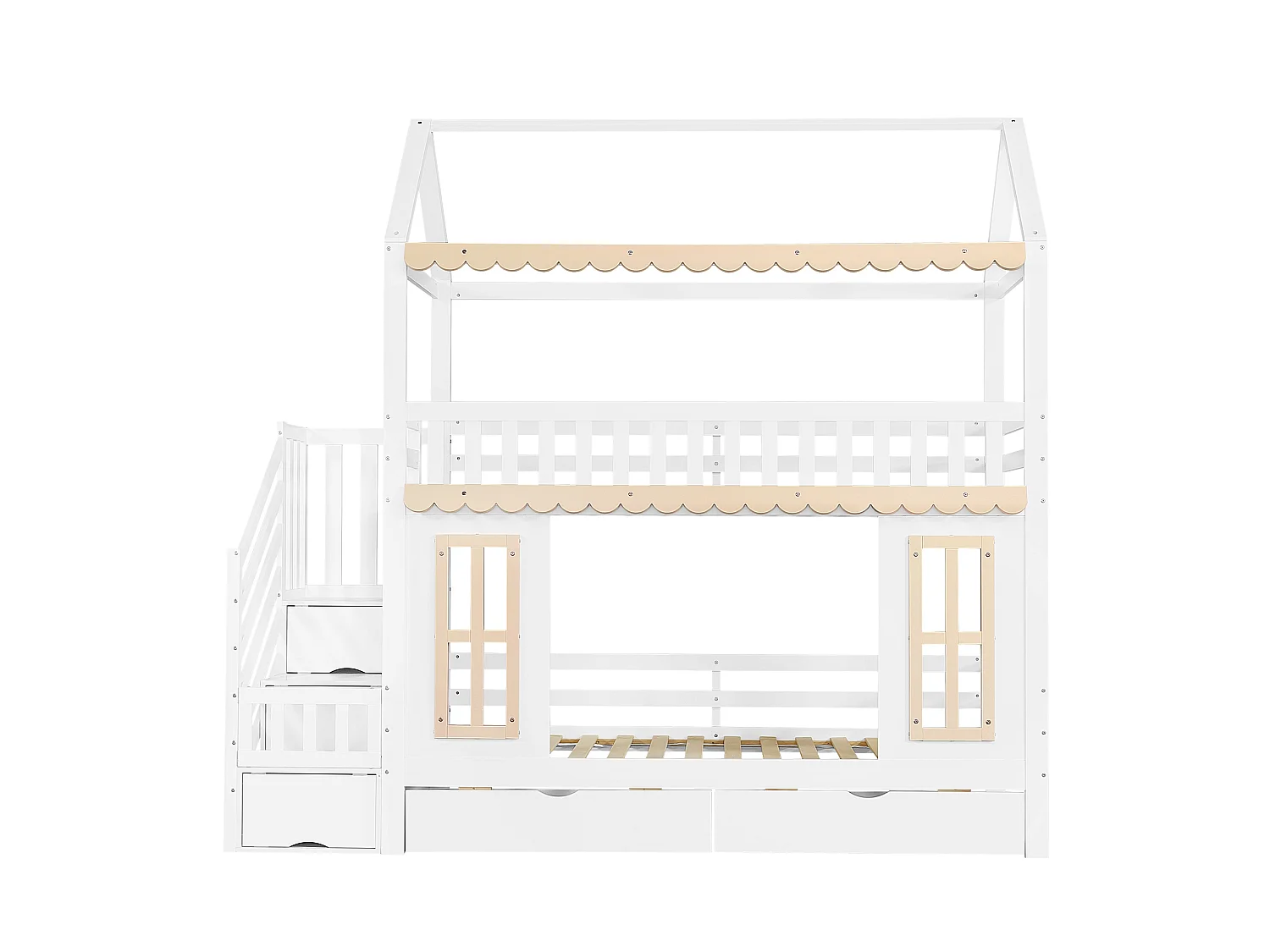 Lit superposé 90x200 cm avec 2 tiroirs et escalier de rangement - Lit cabane en bois blanc et naturel