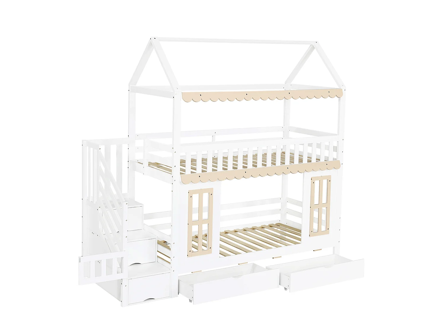 Lit superposé 90x200 cm avec 2 tiroirs et escalier de rangement - Lit cabane en bois blanc et naturel