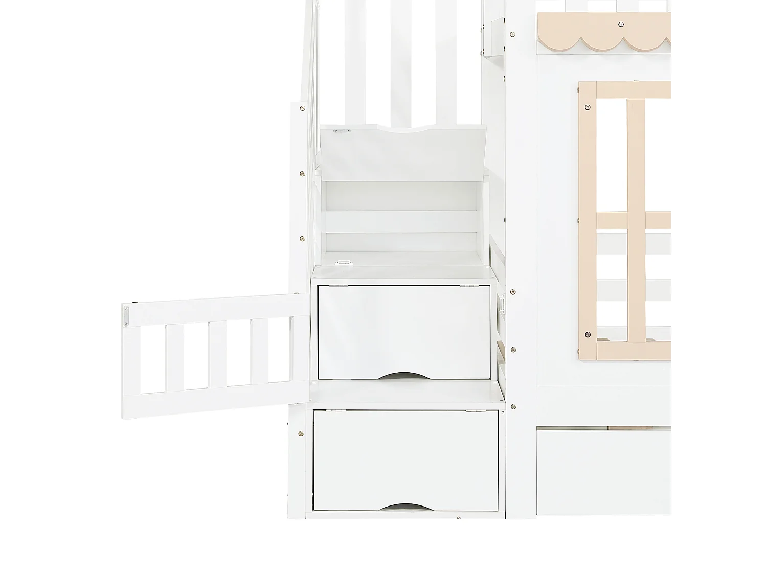 Lit superposé 90x200 cm avec 2 tiroirs et escalier de rangement - Lit cabane en bois blanc et naturel