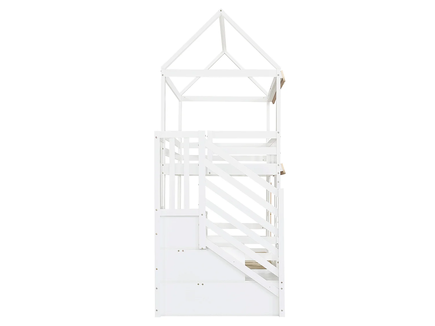 Lit superposé 90x200 cm avec 2 tiroirs et escalier de rangement - Lit cabane en bois blanc et naturel