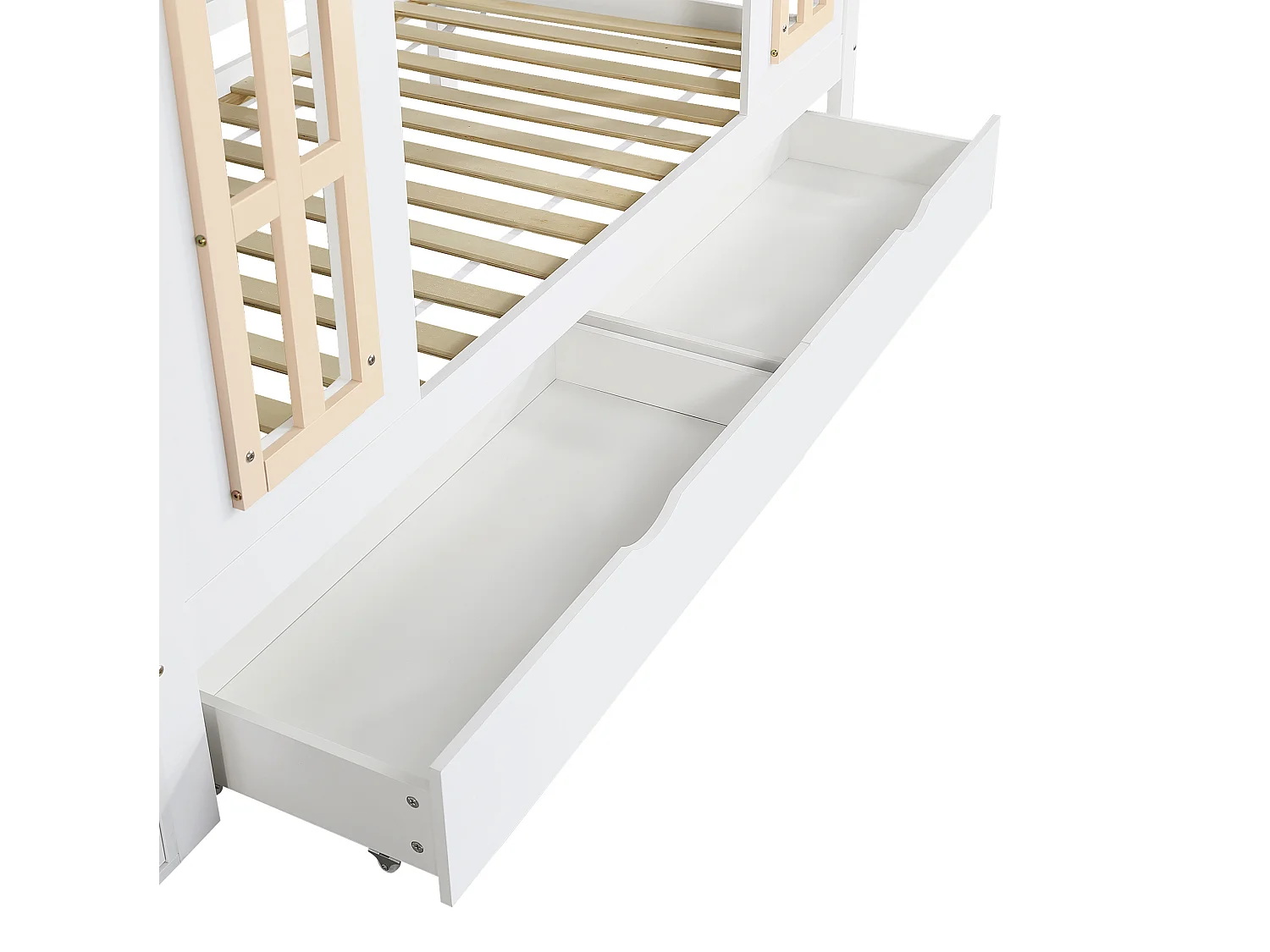 Lit superposé 90x200 cm avec 2 tiroirs et escalier de rangement - Lit cabane en bois blanc et naturel