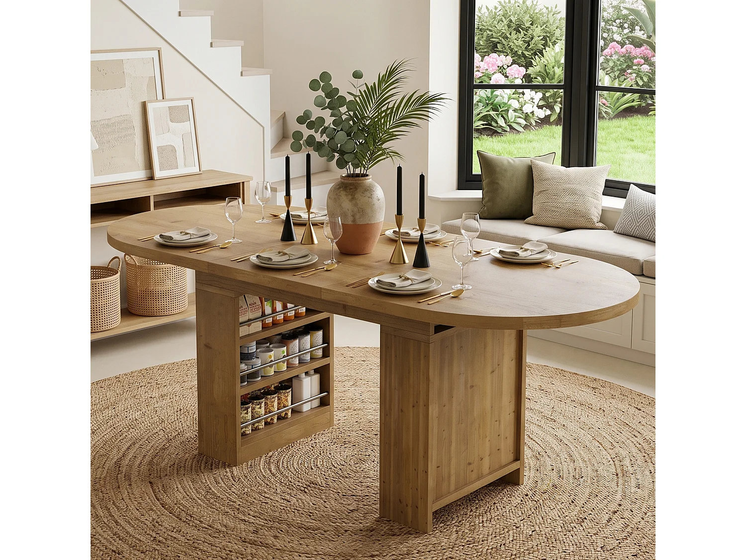 Table à manger extensible 150/200 x 90 cm avec étagères - Pour 6 à 8 personnes - Couleur bois