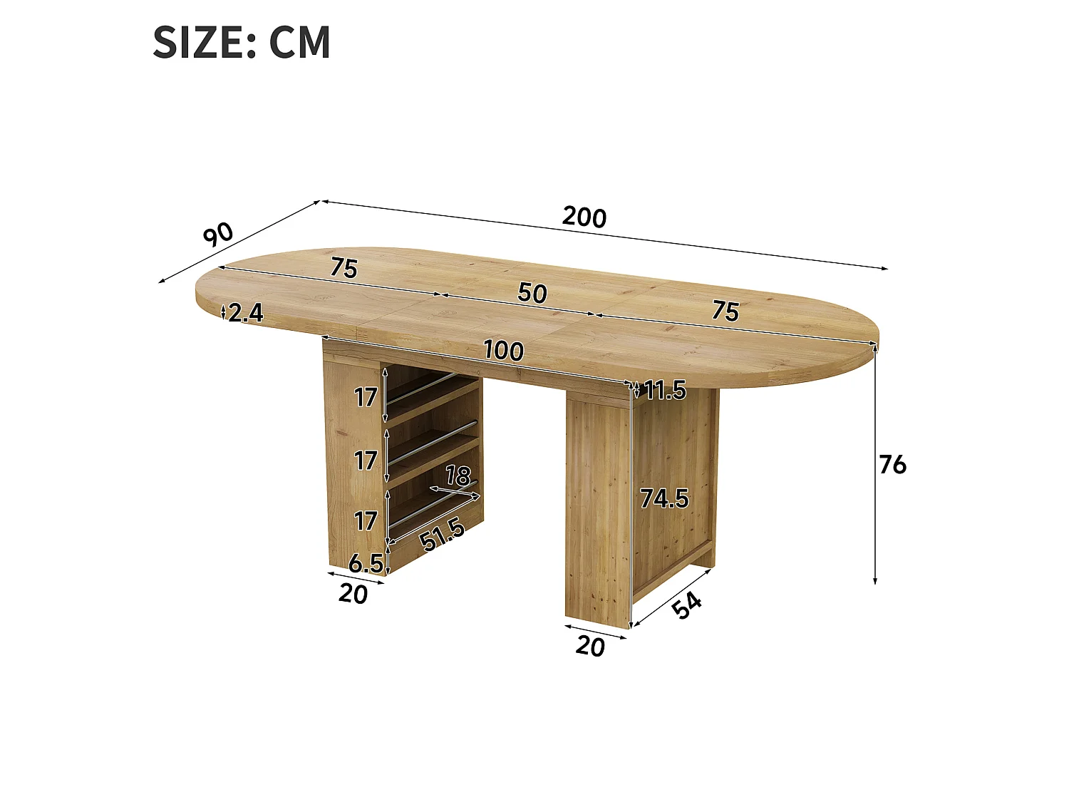 Table à manger extensible 150/200 x 90 cm avec étagères - Pour 6 à 8 personnes - Couleur bois