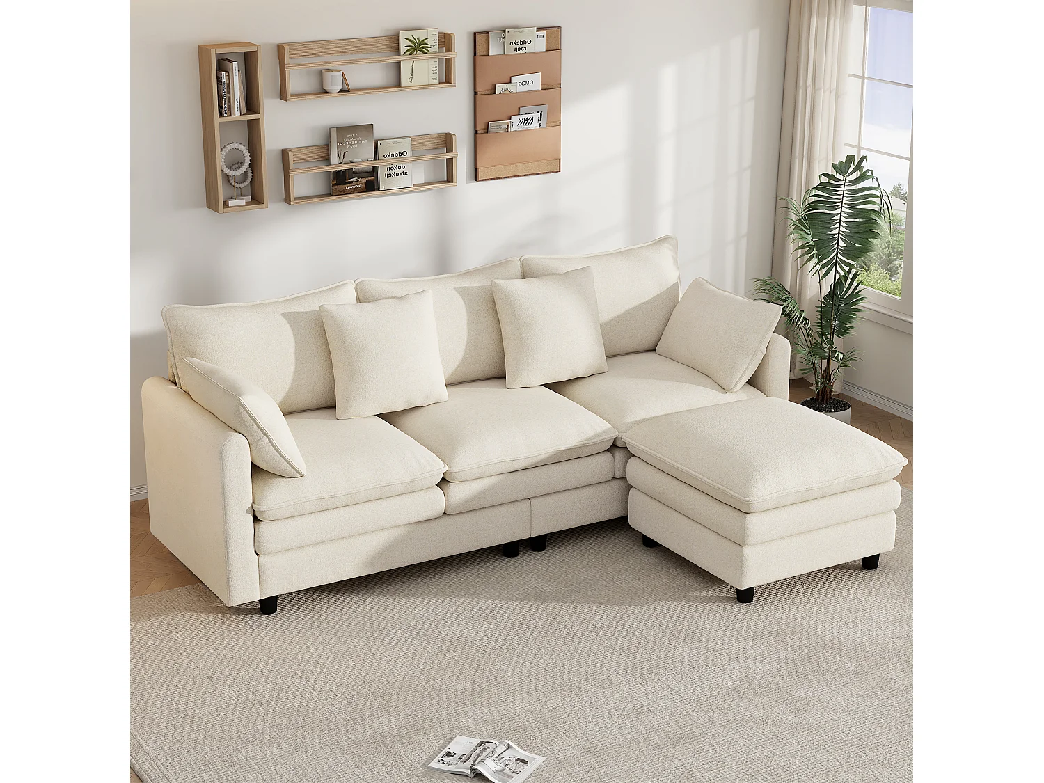 Ecksofa 3 Plätze 212x150cm - L-Bank Inklusive, umstellbare Chaiselongue, 4 Zierkissen, Chenille-Stoff - Cremebeige