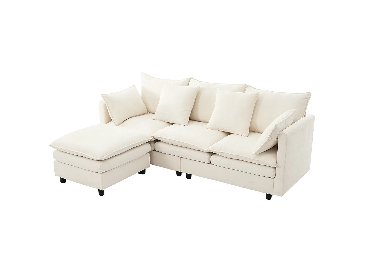Ecksofa 3 Plätze 212x150cm - L-Bank Inklusive, umstellbare Chaiselongue, 4 Zierkissen, Chenille-Stoff - Cremebeige