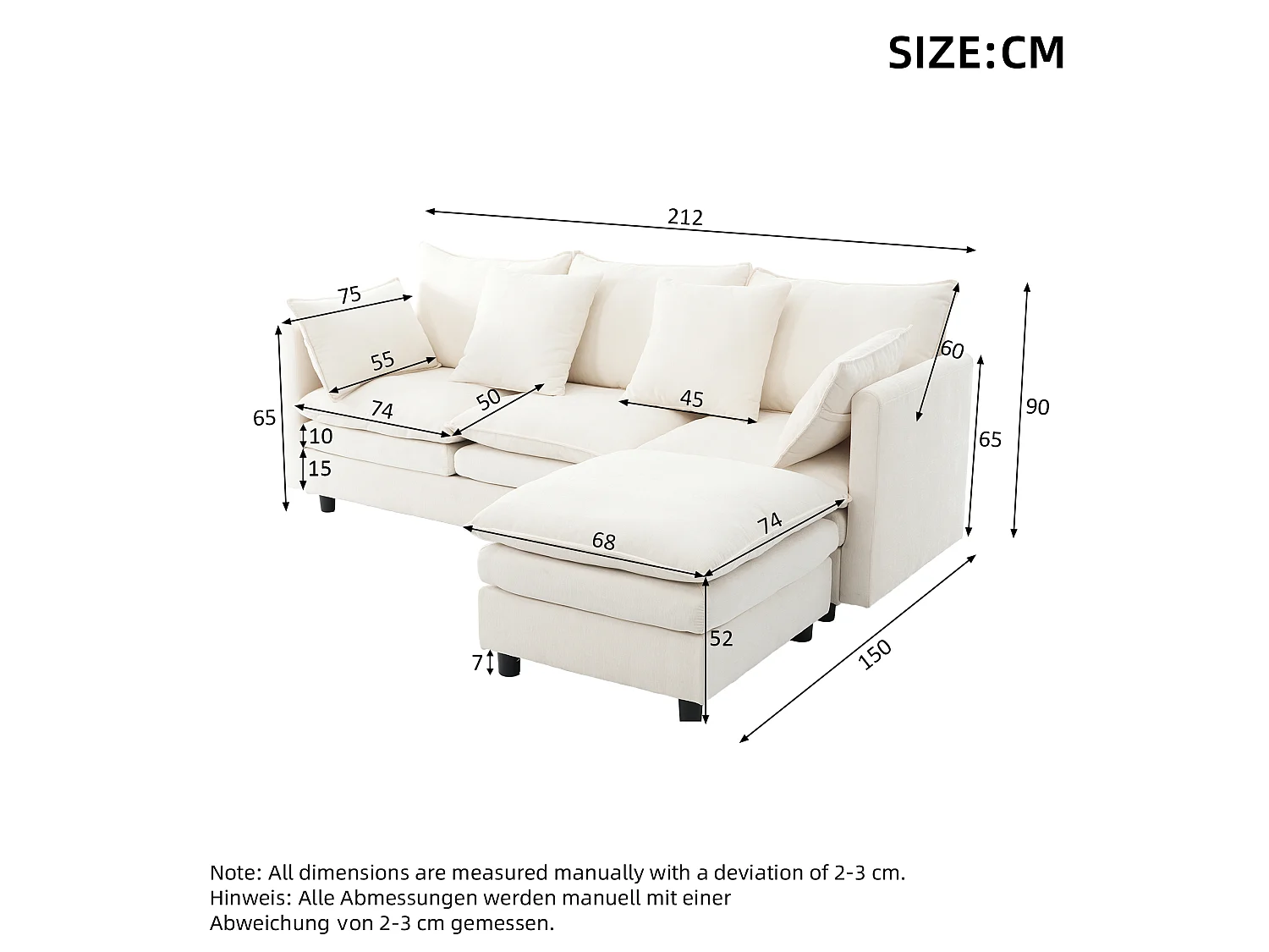 Ecksofa 3 Plätze 212x150cm - L-Bank Inklusive, umstellbare Chaiselongue, 4 Zierkissen, Chenille-Stoff - Cremebeige