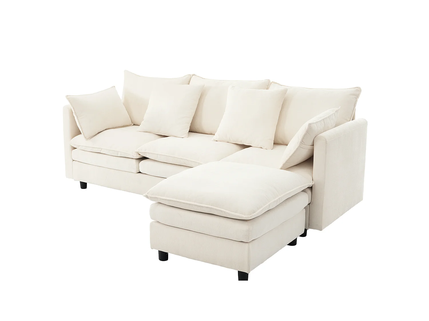 Ecksofa 3 Plätze 212x150cm - L-Bank Inklusive, umstellbare Chaiselongue, 4 Zierkissen, Chenille-Stoff - Cremebeige