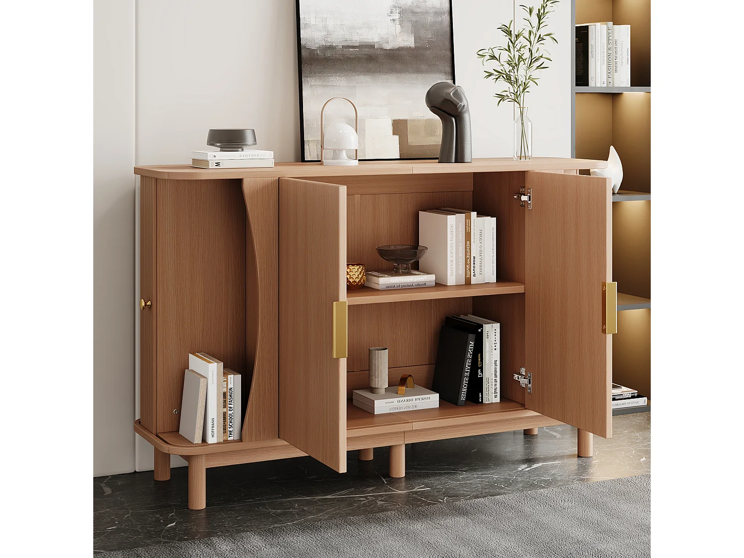 Buffet 140x40x88 cm avec 4 portes et étagère réglable - Couleur bois