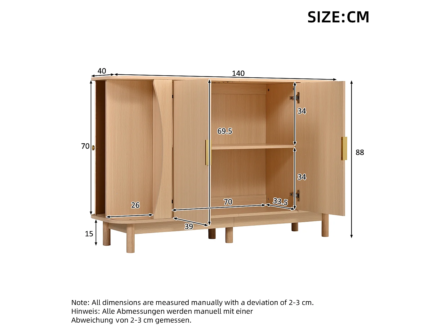 Buffet 140x40x88 cm avec 4 portes et étagère réglable - Couleur bois