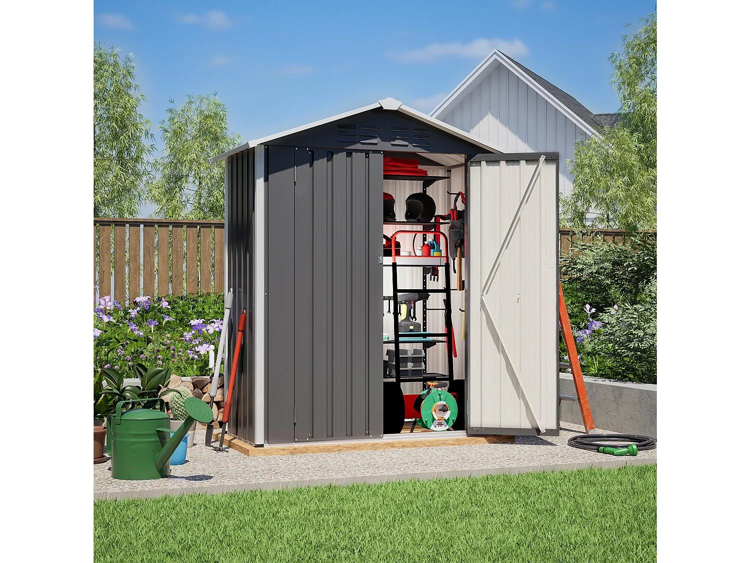 Casinha de jardim metálica com orifícios de ventilação e porta com fechadura de 0,91 m² - Cinza