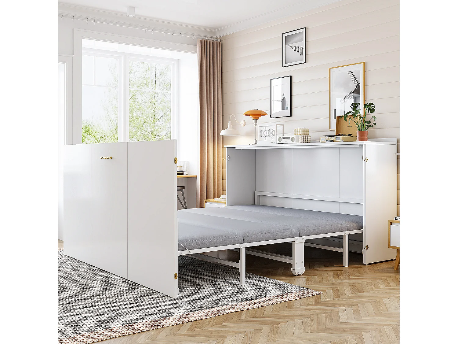 Lit escamotable 140 x 200 cm avec matelas en lin et roulettes - Structure en métal - Blanc