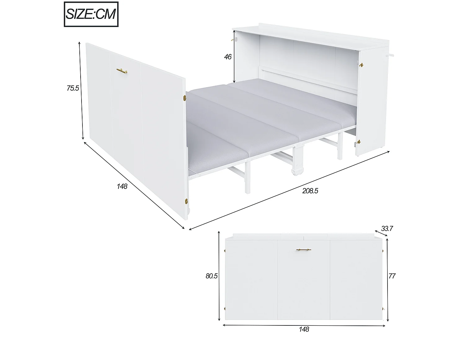 Lit escamotable 140 x 200 cm avec matelas en lin et roulettes - Structure en métal - Blanc