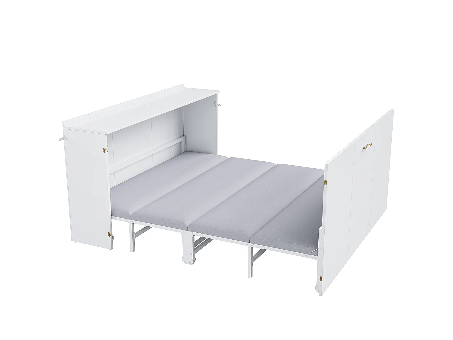 Lit escamotable 140 x 200 cm avec matelas en lin et roulettes - Structure en métal - Blanc