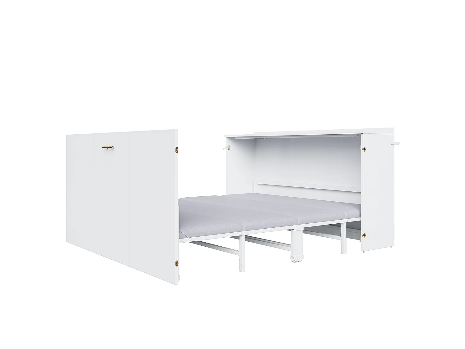 Lit escamotable 140 x 200 cm avec matelas en lin et roulettes - Structure en métal - Blanc