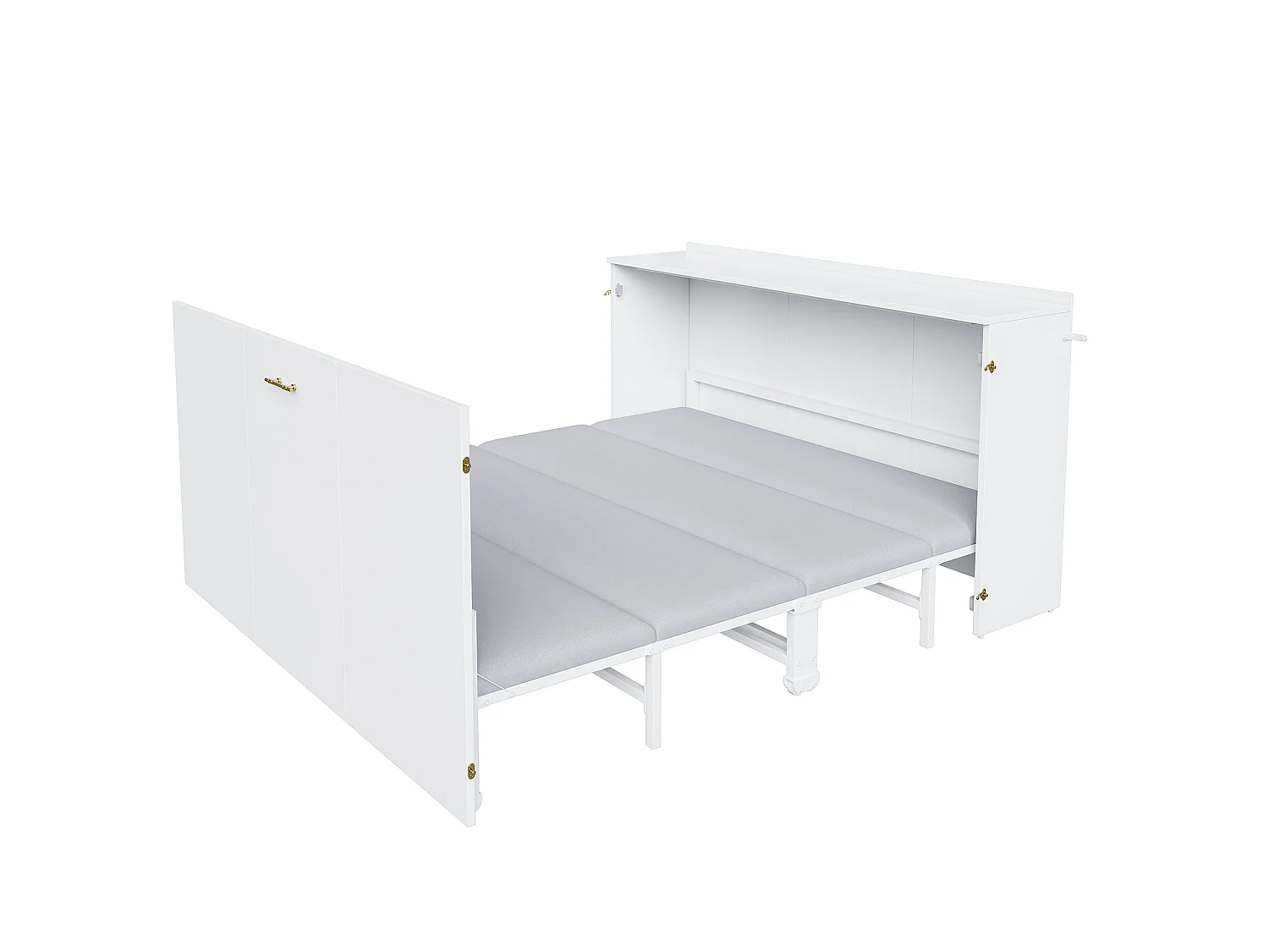 Lit escamotable 140 x 200 cm avec matelas en lin et roulettes - Structure en métal - Blanc