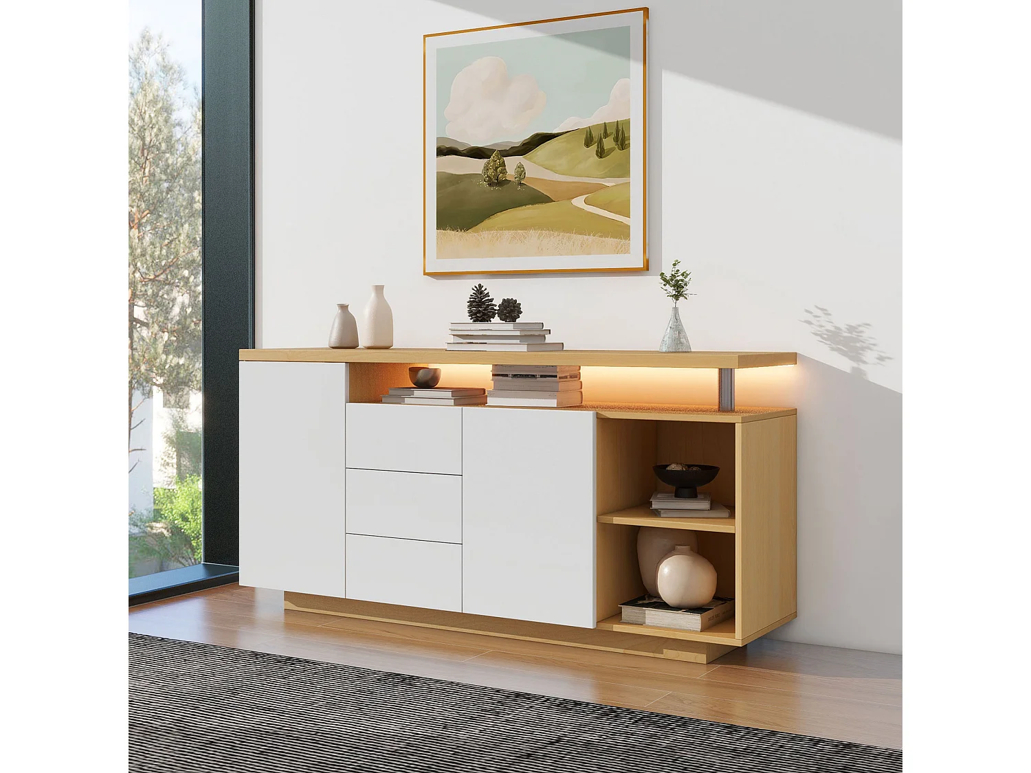 Buffet avec 2 portes, 3 tiroirs, 2 niches et LED - Blanc et bois 140x40x70 cm