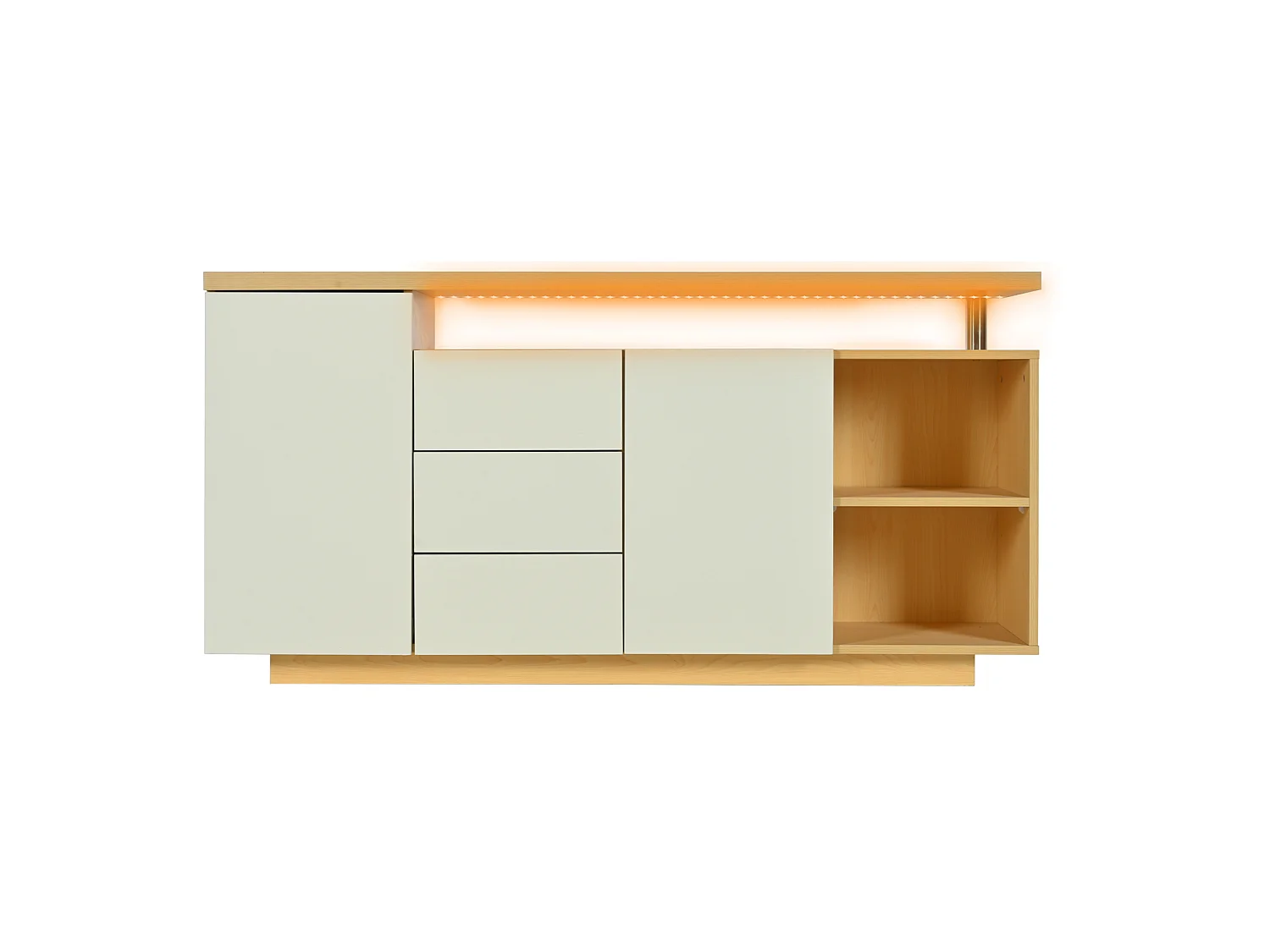 Buffet avec 2 portes, 3 tiroirs, 2 niches et LED - Blanc et bois 140x40x70 cm