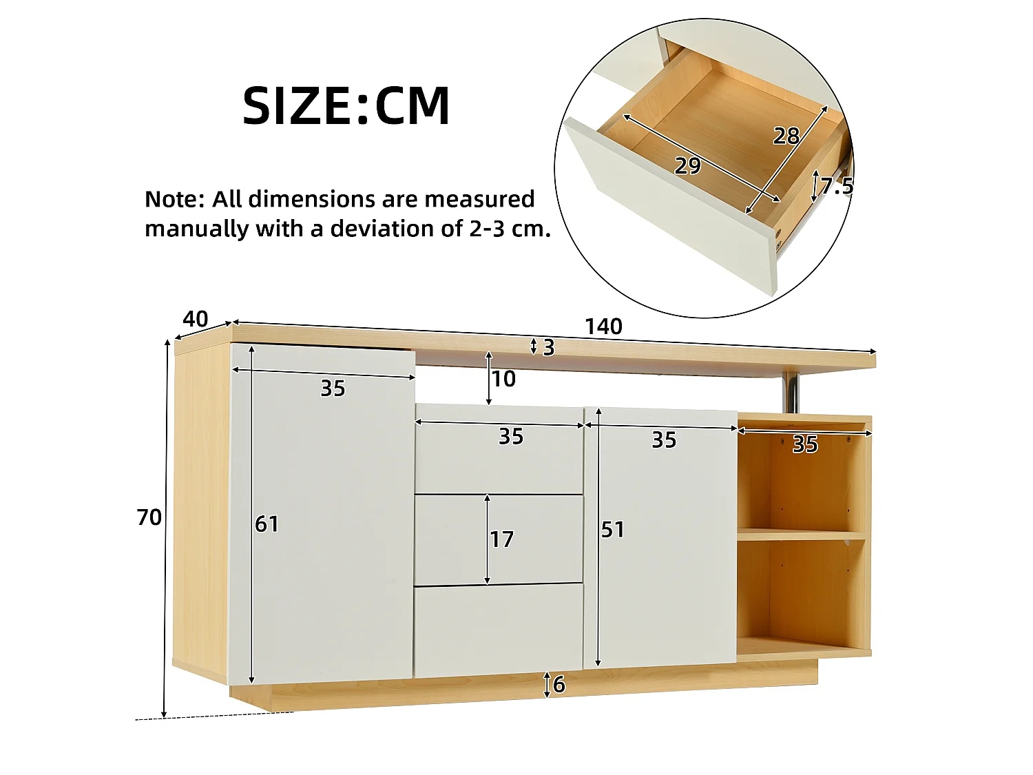 Buffet avec 2 portes, 3 tiroirs, 2 niches et LED - Blanc et bois 140x40x70 cm
