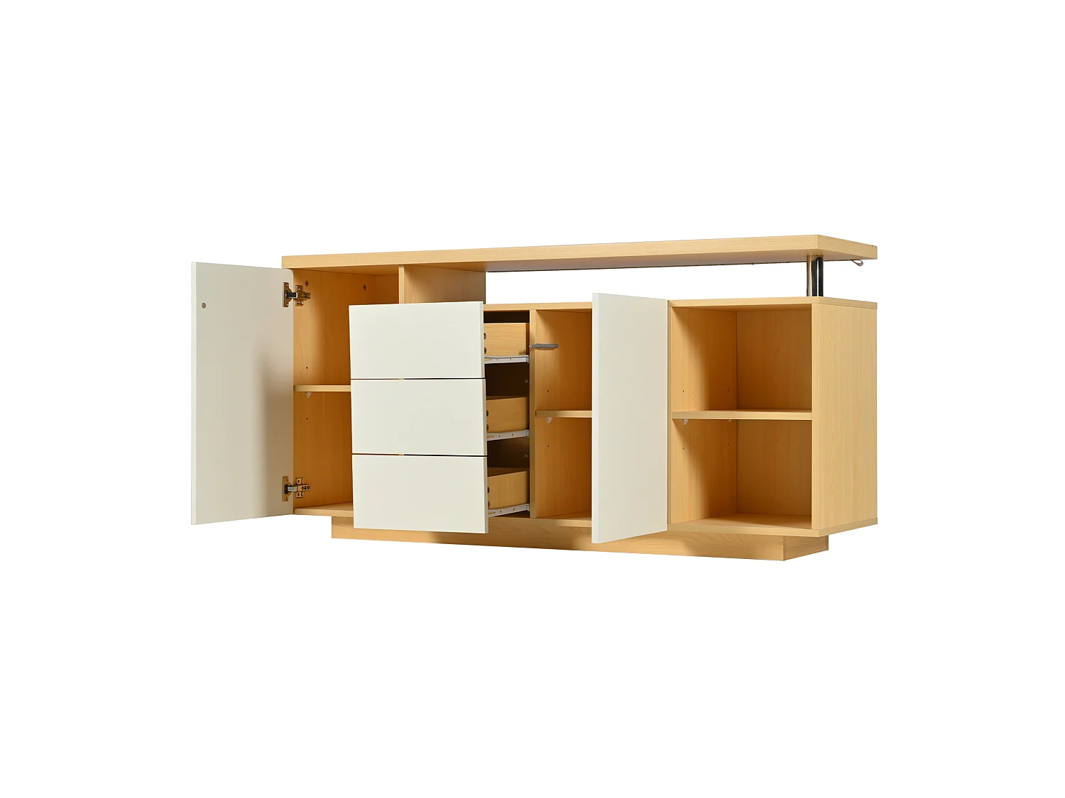 Buffet avec 2 portes, 3 tiroirs, 2 niches et LED - Blanc et bois 140x40x70 cm